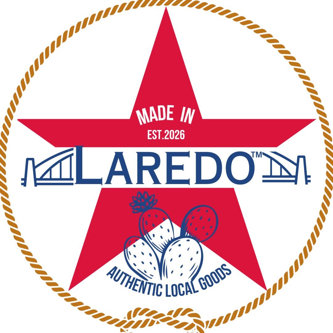 The Made in Laredo seal: a red star with a bridge and prickly pear inside a rope circle